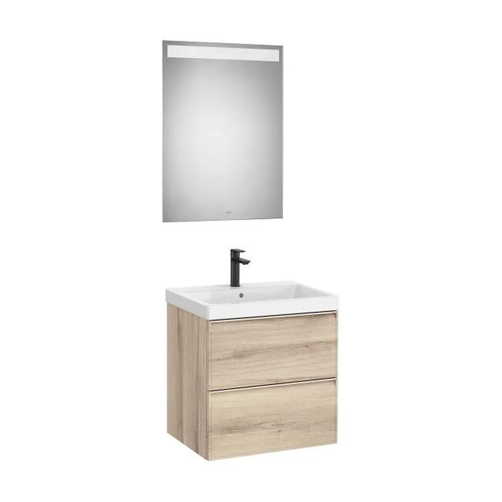 Pack mueble base dos cajones lavabo Fineceramic espejo LED 60x46x62 cm Roca - Vista 1