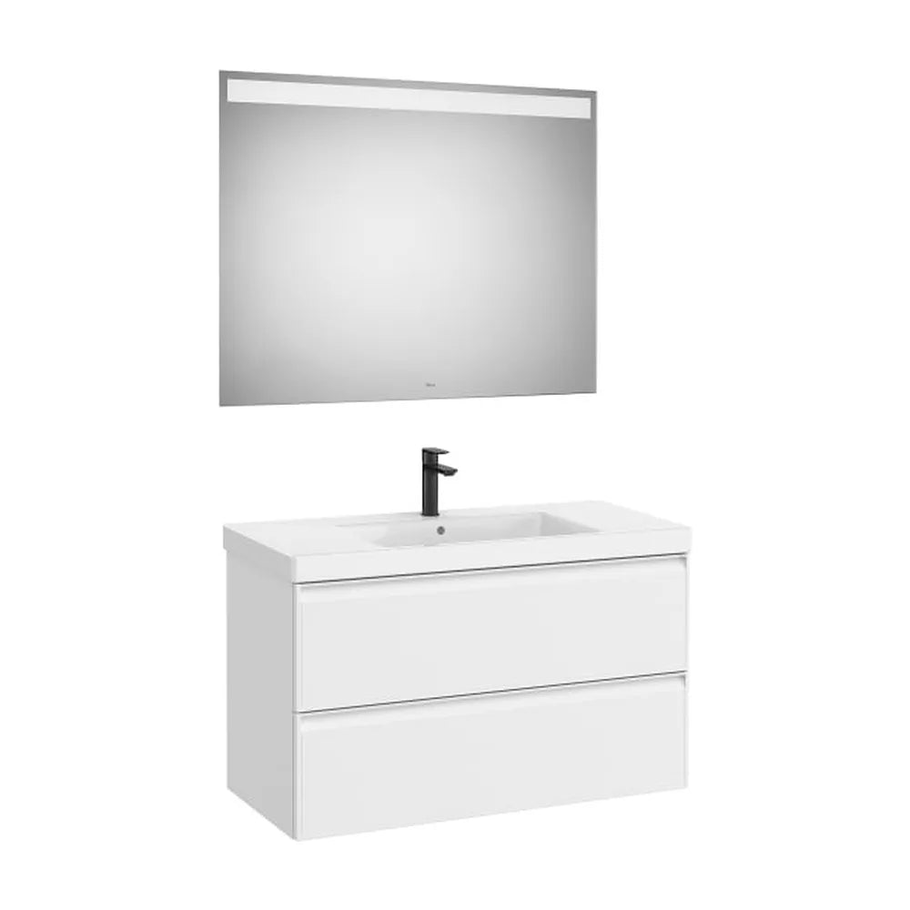 Pack mueble base dos cajones lavabo Fineceramic centrado espejo LED 100x46x62 cm Roca - Vista 1