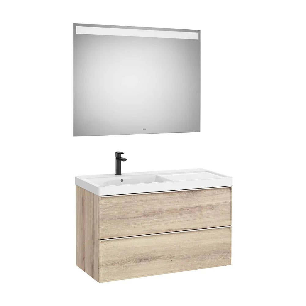 Pack mueble base dos cajones lavabo Fineceramic izquierda espejo LED 100x46x62 cm Roca - Vista 2