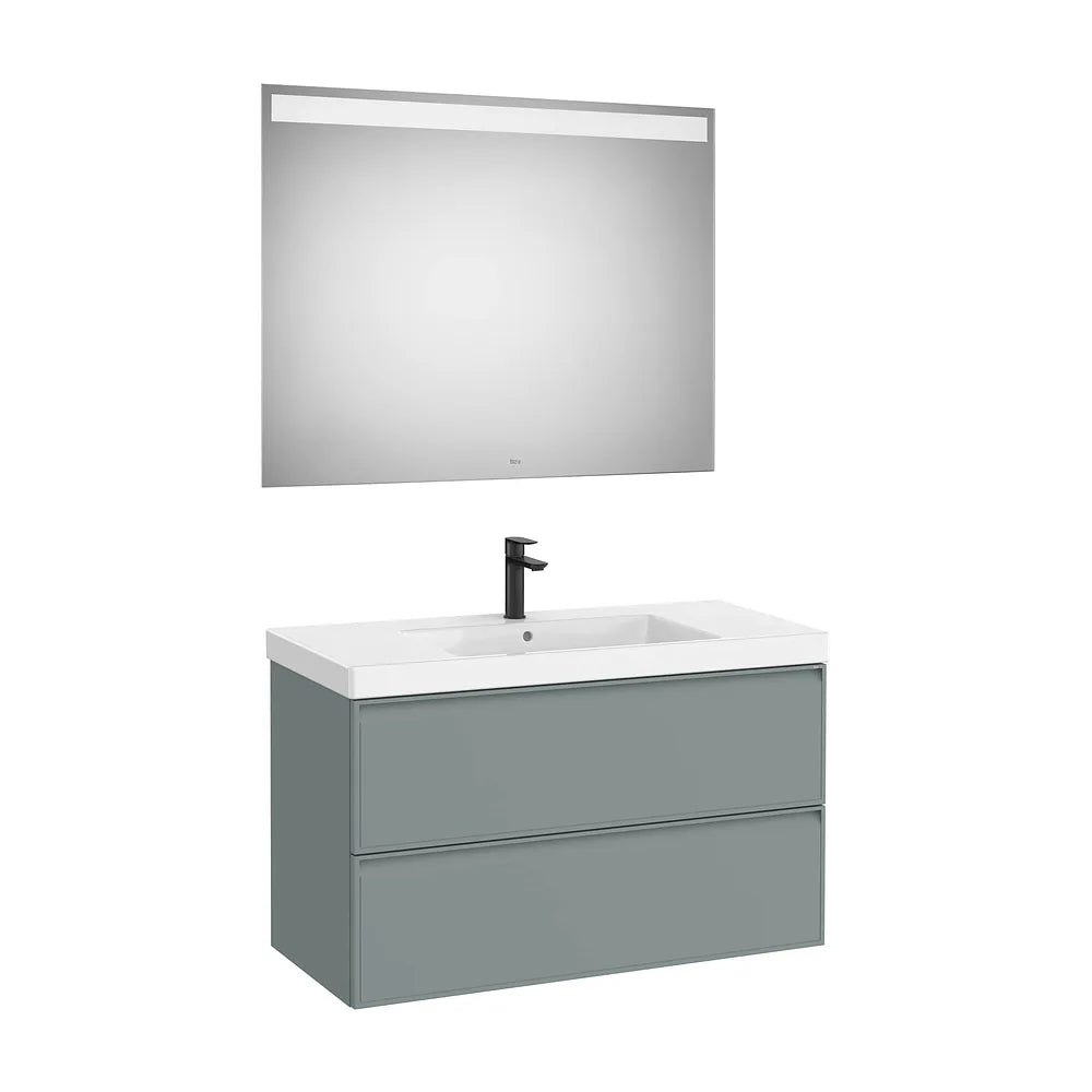 Pack mueble base dos cajones lavabo Fineceramic centrado espejo LED 100x46x62 cm Roca - Vista 2