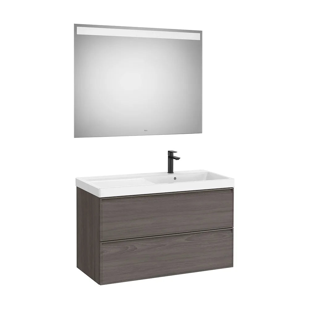 Pack mueble base dos cajones lavabo Fineceramic derecha espejo LED 100x46x62 cm Roca - Vista 2