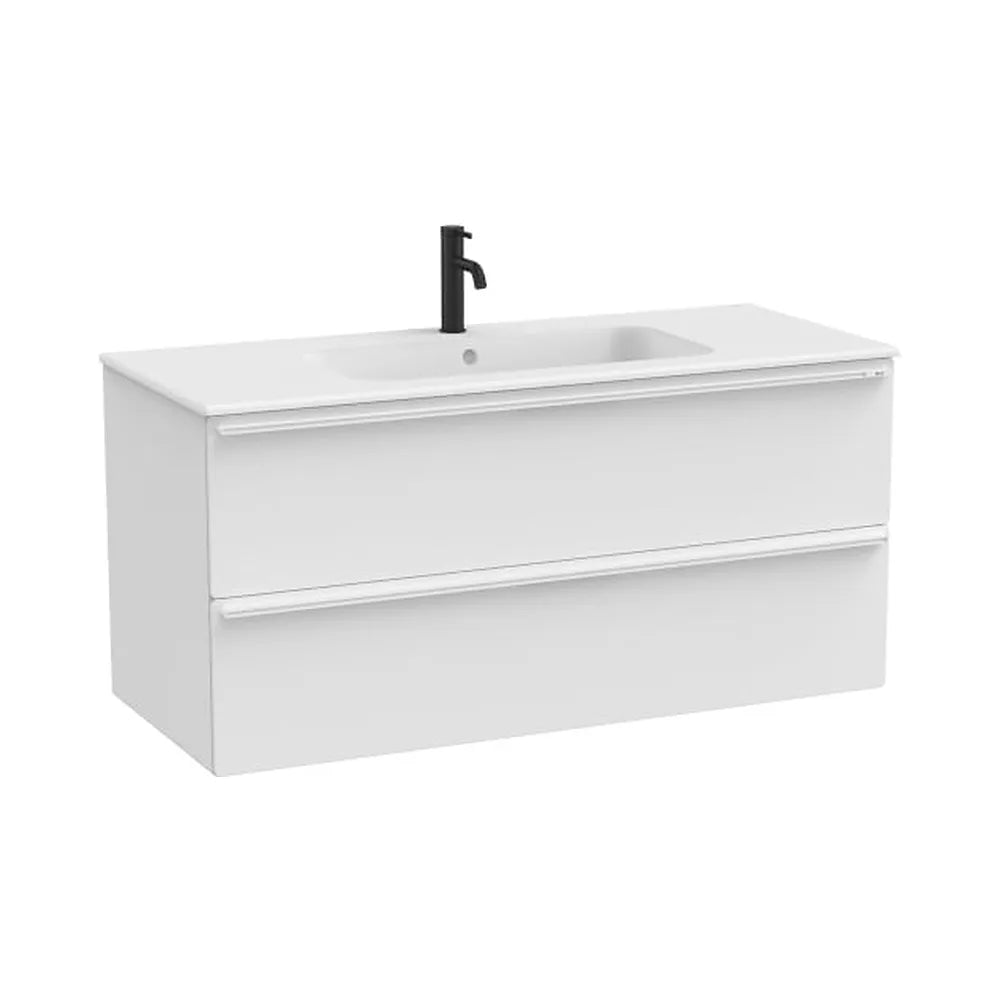 Mueble base suspendido con dos cajones y lavabo de porcelana blanco mate 121x51x56 cm Roca - Vista 1