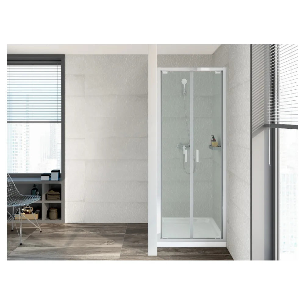 Mampara frontal para ducha de dos hojas abatibles fabricada en vidrio templado Victoria Roca - Vista 2