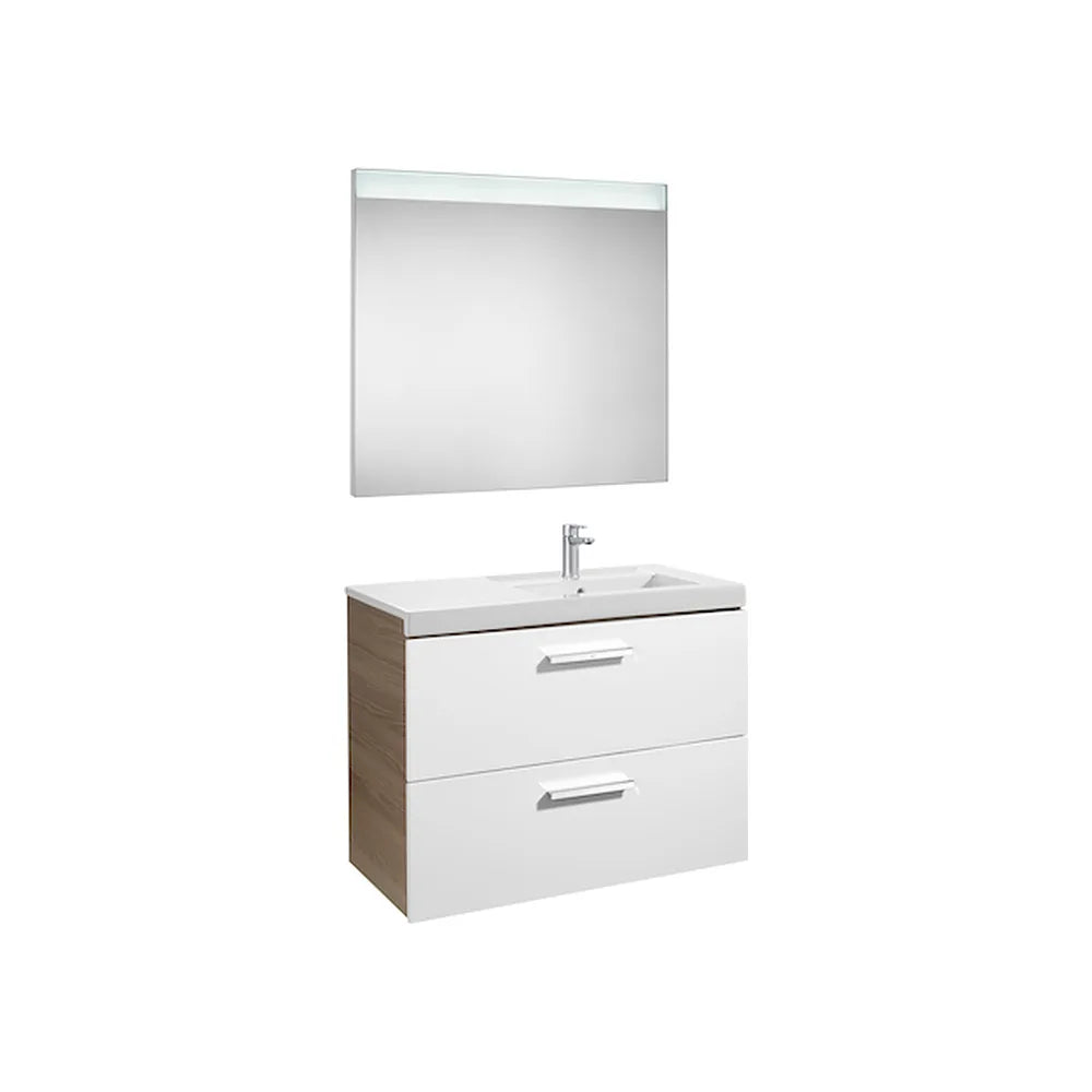 Conjunto de baño de 90 cm con dos cajones y lavabo derecho blanco-fresno Pack Prisma Roca - Vista 1