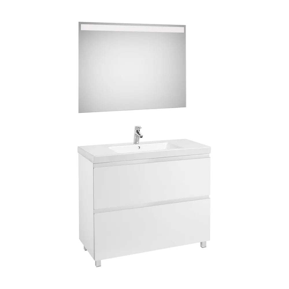 Conjunto de baño de madera aglomerada con espejo LED y lavabo en acabado color blanco brillo Lander Roca - Vista 2