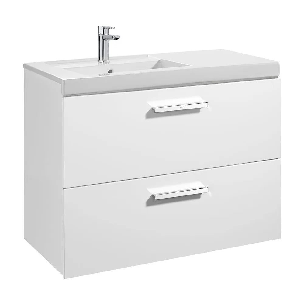 Mueble con dos cajones y lavabo izquierdo 90 cm de ancho en color blanco brillo Unik Prisma Roca - Vista 1