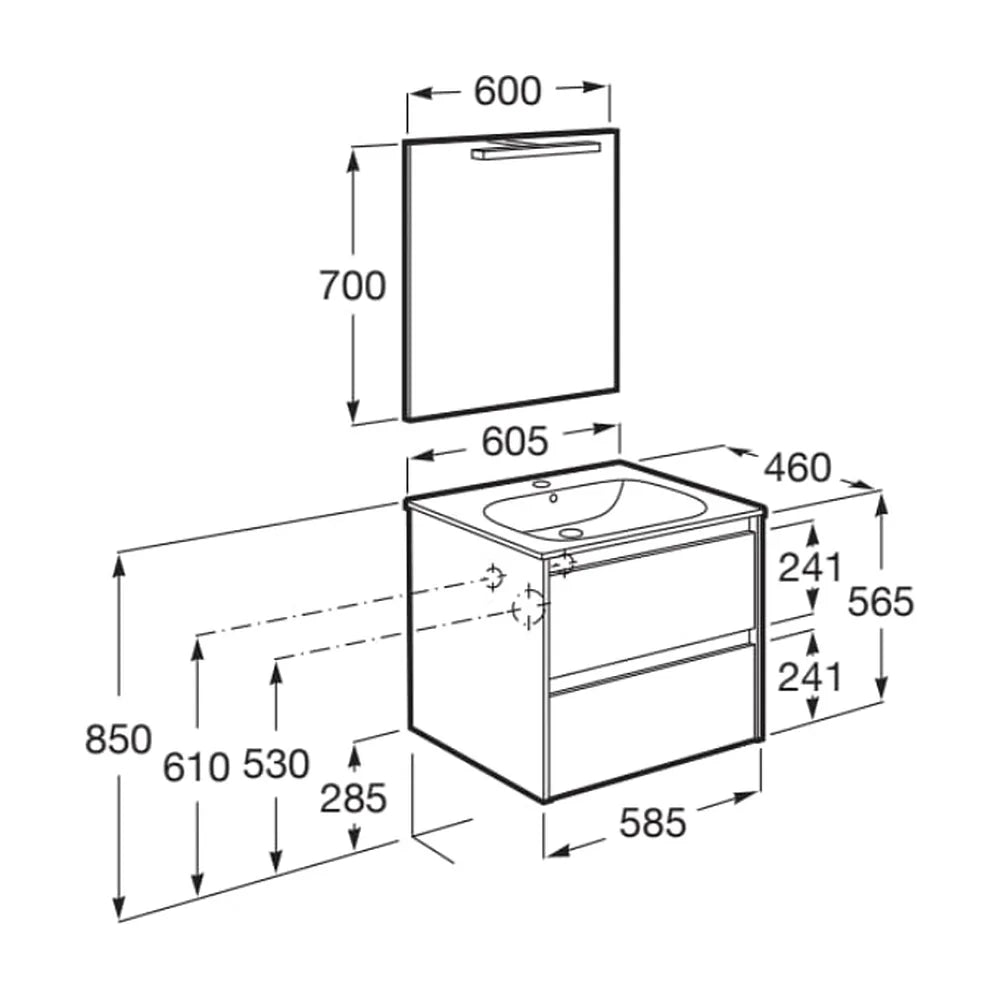Conjunto de lavabo de dos cajones de 60 cm con un acabado en color nogal Tenet Roca - Vista 6