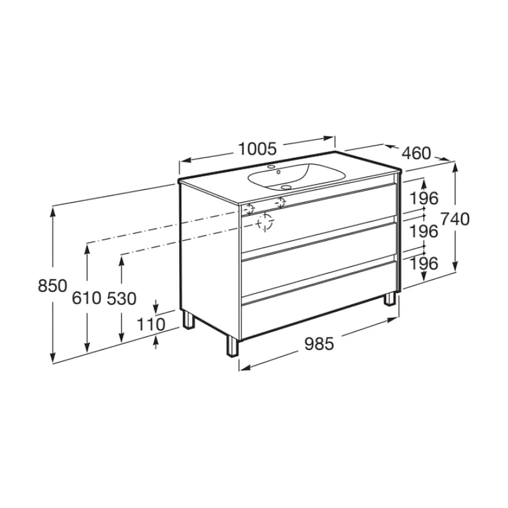 Mueble de Baño con Lavabo y 3 Cajones Nórdico de 100 cm Colección Tenet Fresno Roca - Vista 3