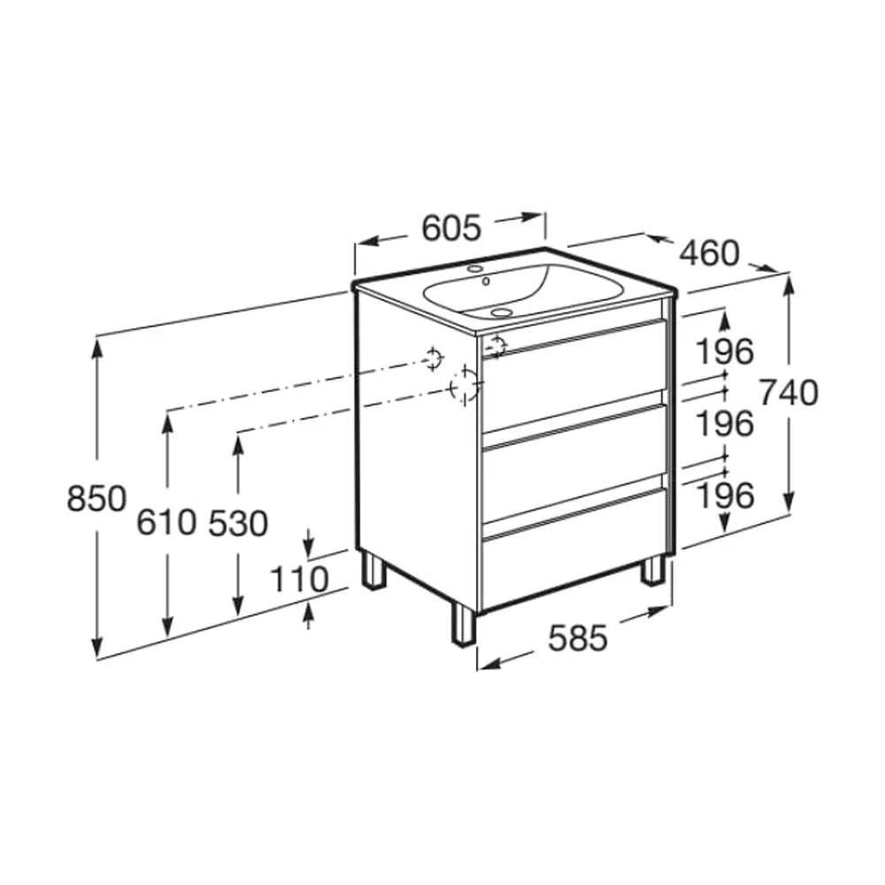 Mueble de baño lavabo con 3 cajones de 60 cm de ancho en color blanco brillante Tenet Roca - Vista 3