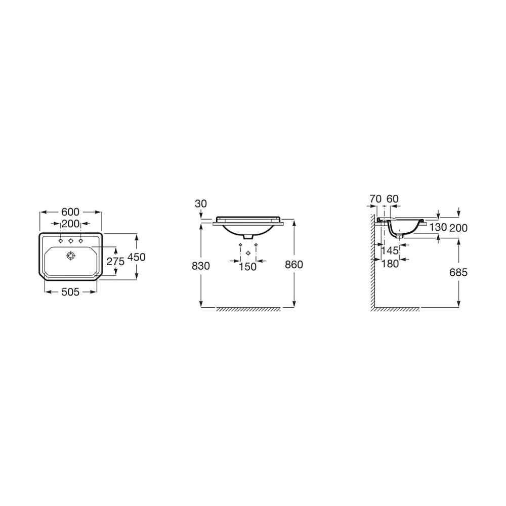 Lavabo de porcelana para encimera con 3 orificios para grifería 60x45 modelo Carmen de Roca - Vista 2