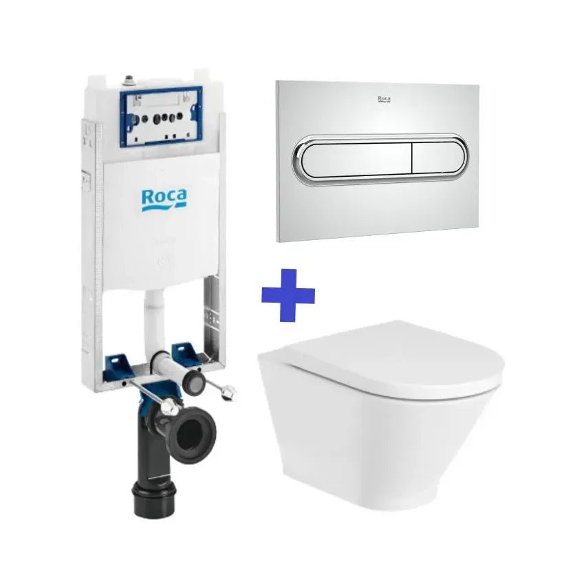 Roca The Gap Round Pack de WC suspendido Rimless y cisterna compacta empotrable de doble descarga Basic WC One Compact