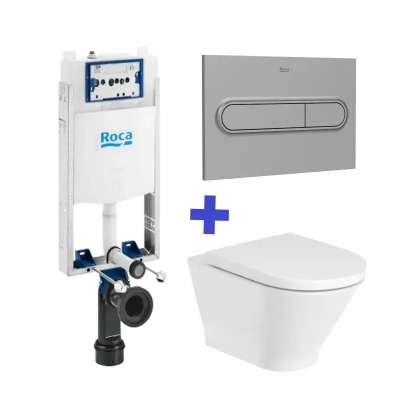 Roca The Gap Round Pack de WC suspendido Rimless y cisterna compacta empotrable de doble descarga Basic WC One Compact