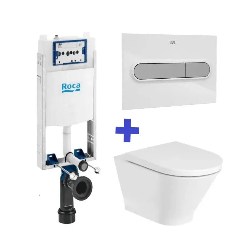 Roca The Gap Round Pack de WC suspendido Rimless y cisterna compacta empotrable de doble descarga Basic WC One Compact