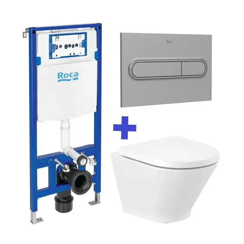 Inodoro compacto suspendido Roca The Gap Round Rimless con cisterna empotrable WC One, diseño moderno y eficiente para baño en España