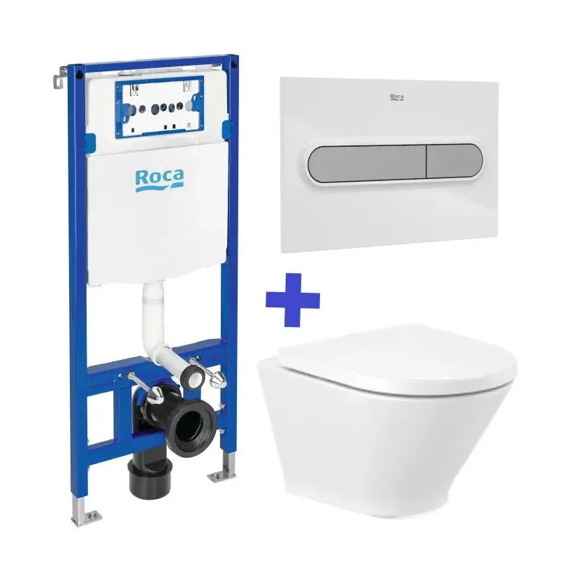 Inodoro compacto suspendido Roca The Gap Round Rimless con cisterna empotrable WC One, diseño moderno y eficiente para baño en España