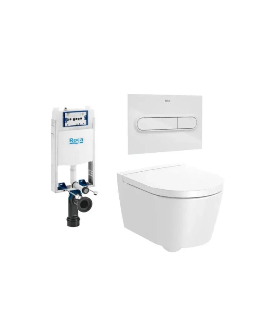 ROCA ROUND Pacote de vaso sanitário suspenso Rimless 48 cm de profundidade, saída horizontal com tampa, placa de acionamento e caixa acoplada