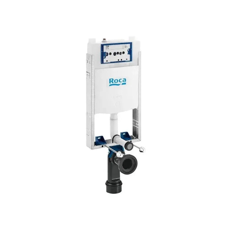 ROCA ROUND Pacote de vaso sanitário suspenso Rimless 48 cm de profundidade, saída horizontal com tampa, placa de acionamento e caixa acoplada