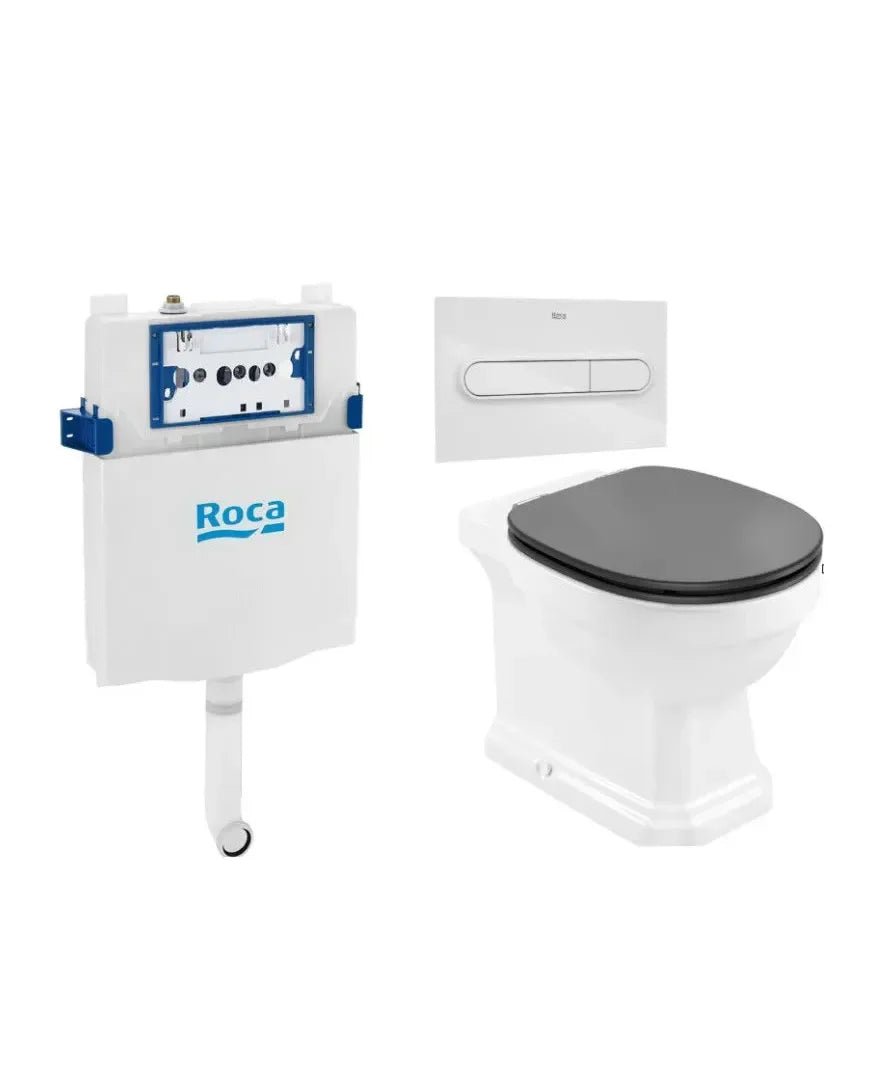 ROCA Paquet de toilettes à sortie duale avec cuvette, abattant amorti gris foncé, réservoir et plaque de commande Rimless