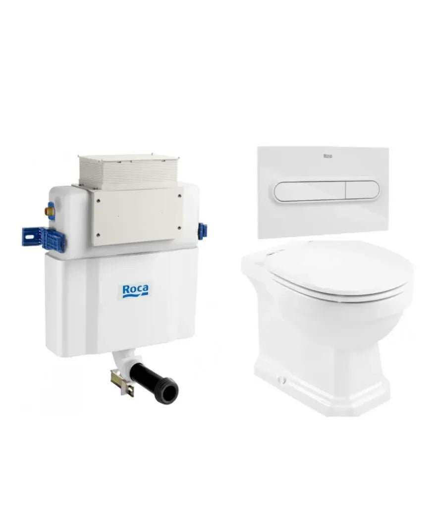 ROCA CARMEN Pack WC avec sortie double Rimless 56 cm de profondeur avec cuvette, abattant à fermeture amortie, réservoir et plaque de commande