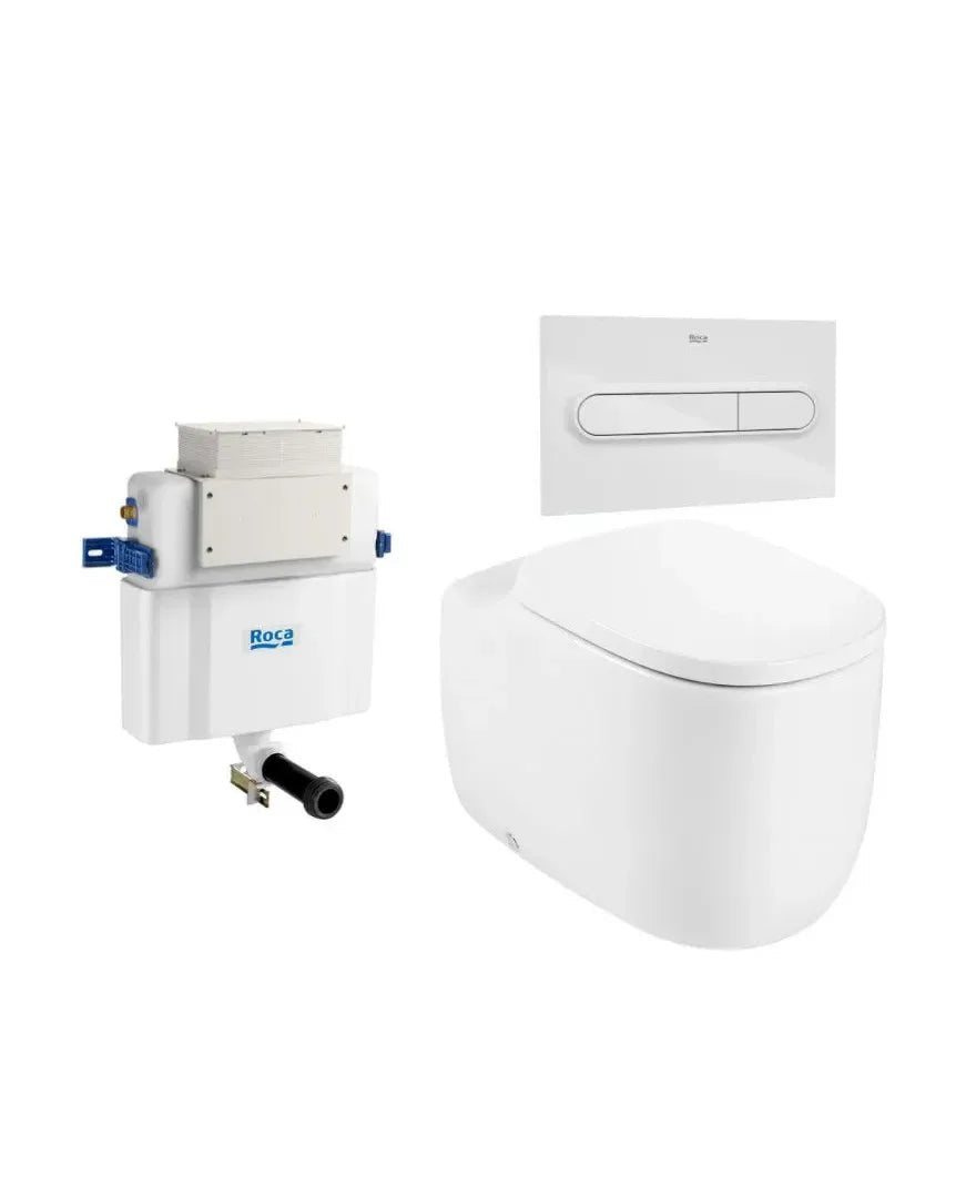 ROCA BEYOND Pack WC suspendu à mur Rimless 58 cm de profondeur, sortie double avec abattant à amortissement, réservoir et plaque