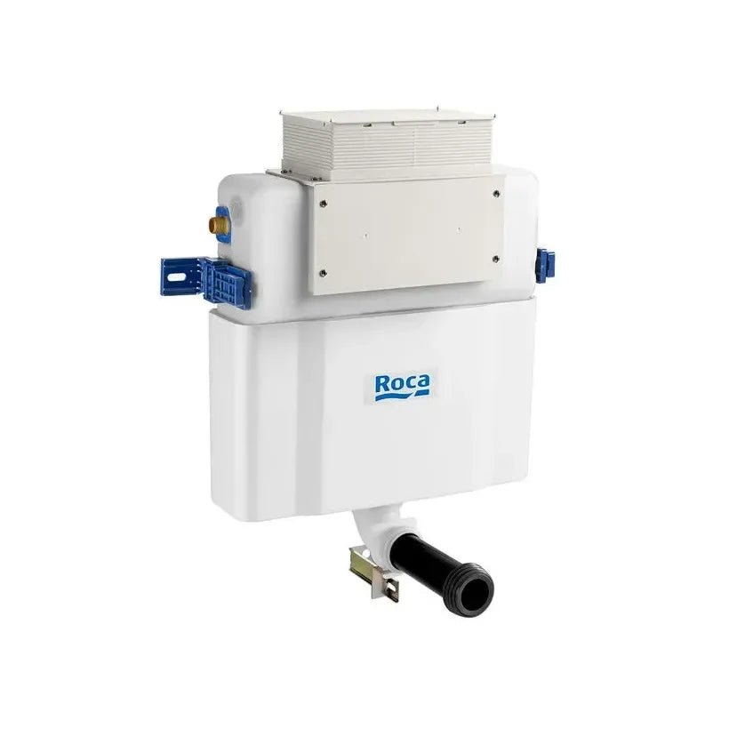 ROCA BEYOND Pack WC suspendu à mur Rimless 58 cm de profondeur, sortie double avec abattant à amortissement, réservoir et plaque