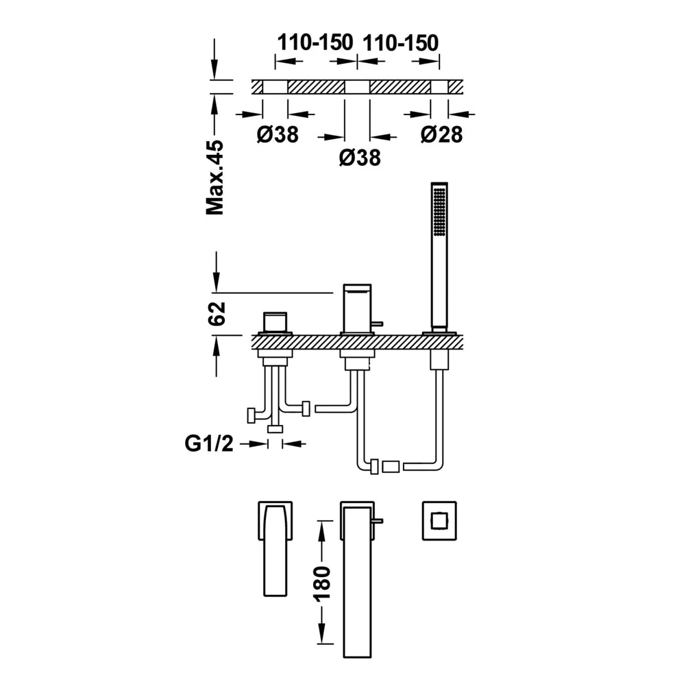 Set para bañera grifo monomando y teleducha con inversor integrado negro mate Slim TRES 3