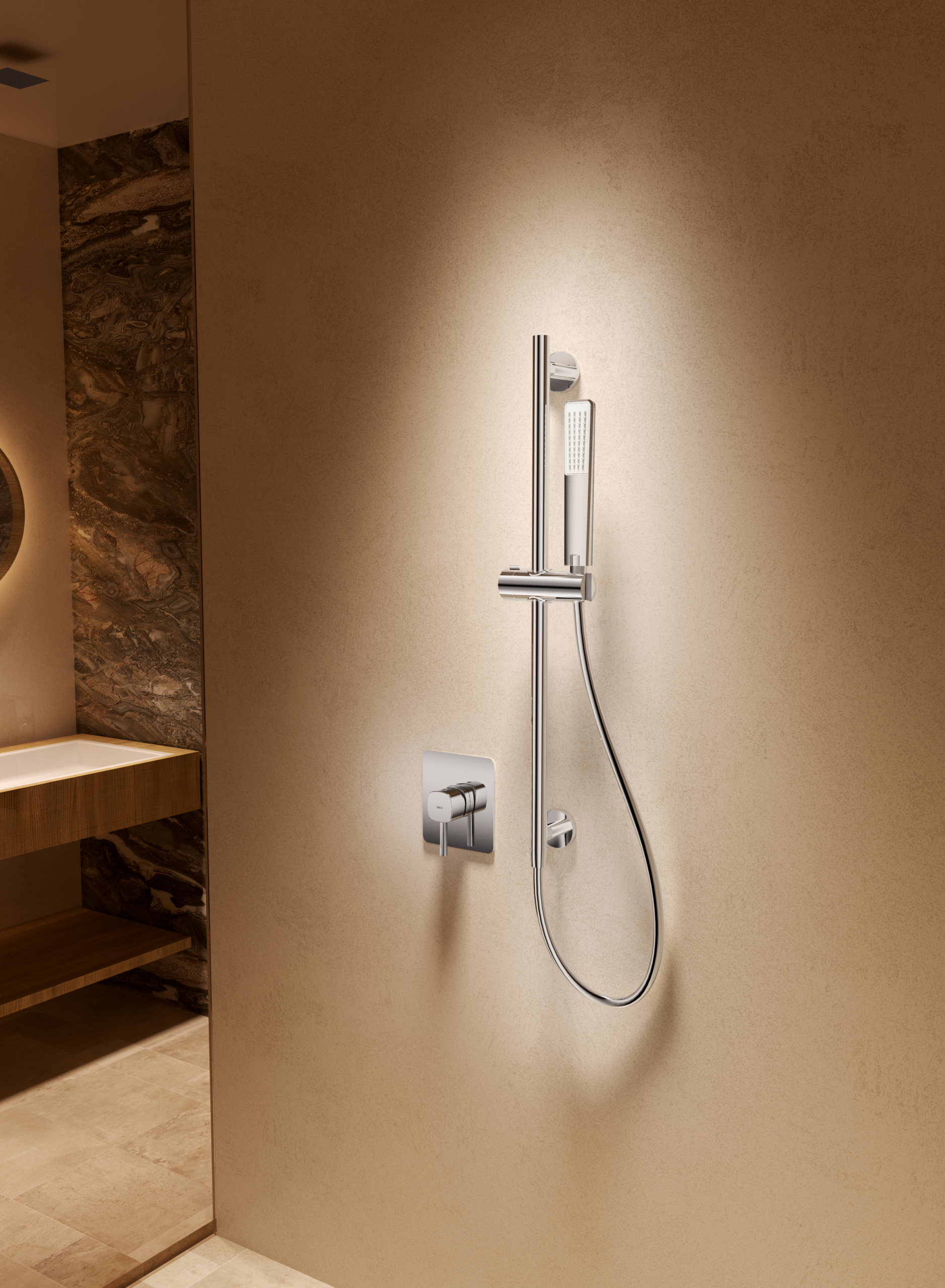 Set Monomando Empotrado 1 Vía Toscana Con Mango Imex Oro rosa cepillado en ambiente