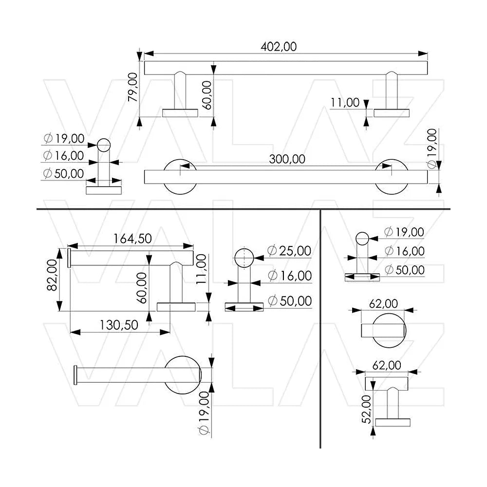 Vista principal de Accesorios de baño negro mate con toallero 40 cm portarollos y perchas a elegir de Valaz