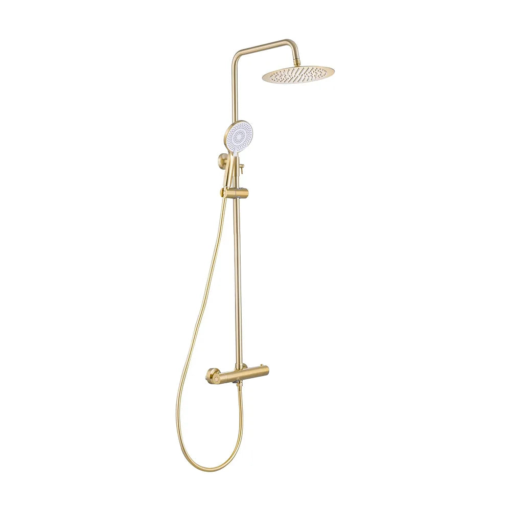 Barra de ducha bañera termostatica diseno redondo oro mate proteccion PVD barra 90 a 150 cm rociador inox Ebro de Valaz Valaz