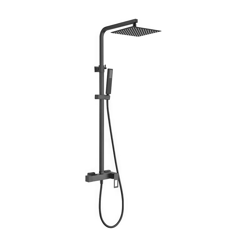 Barra de ducha monomando cuadrada ajustable 120 cm rociador 20 cm con maneta hueca negro mate Cabrera de Valaz Valaz