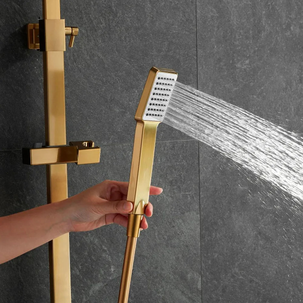 Plano o detalle técnico de Barra de ducha monomando cuadrada ajustable hasta 120 cm dorado cepillado rociador de 25 (vista 4)