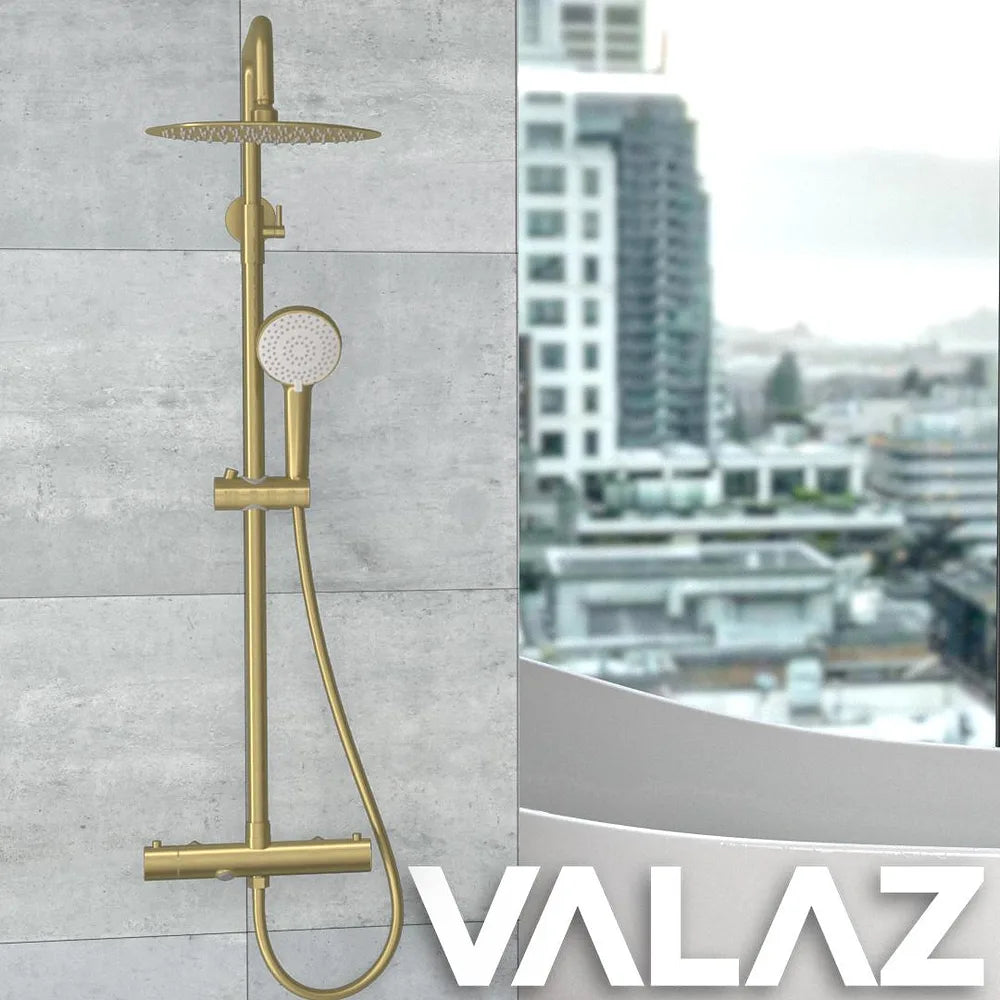 Plano o detalle técnico de Barra de ducha y bañera termostática redonda dorado cepillado Ebro Valaz