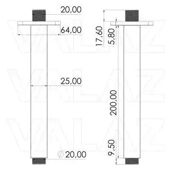 Vista lateral y perspectiva de Brazo soporte para rociador de techo cuadrado de 2x20 cm en cromado de Valaz