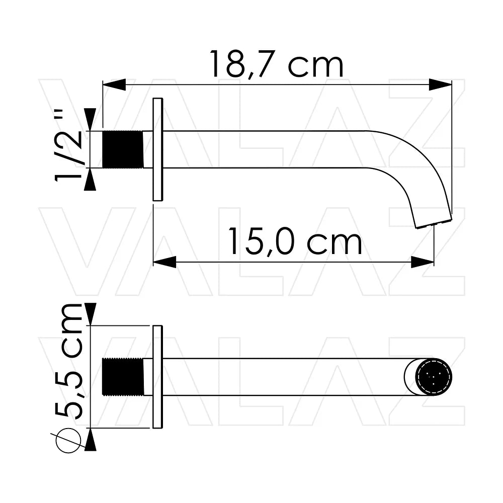 Vista lateral y perspectiva de Caño de lavabo redondo empotrado 15 cm cromado para lavabo de Valaz