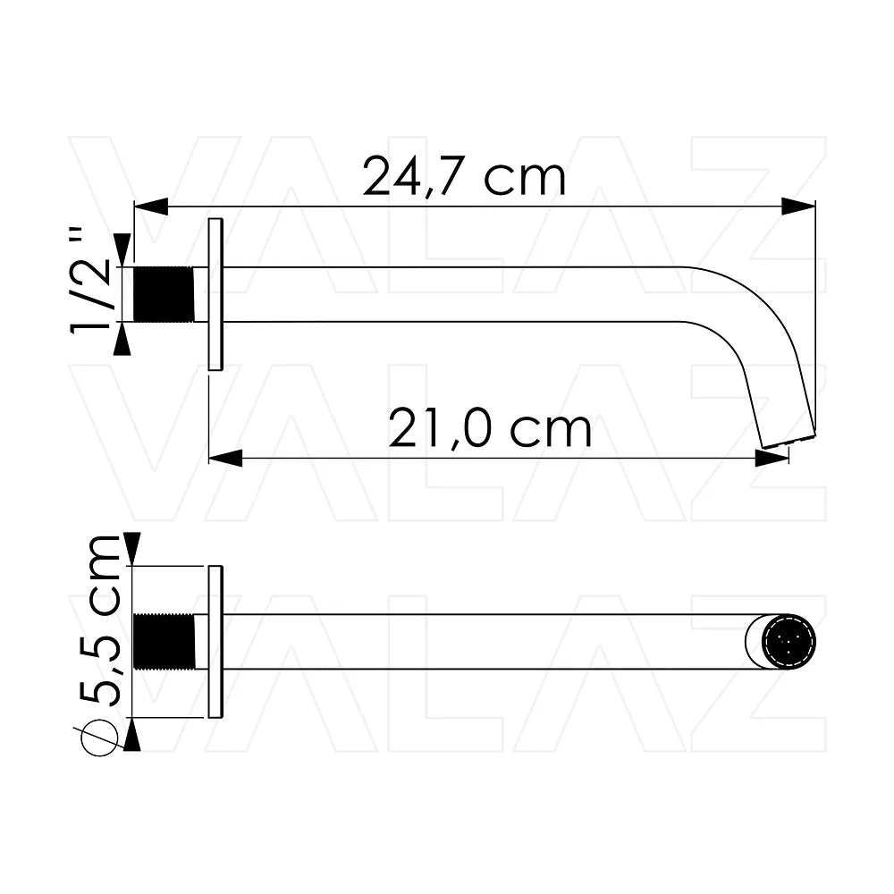 Vista principal de Caño redondo 21 cm en dorado cepillado con rosca 1/2 de Valaz