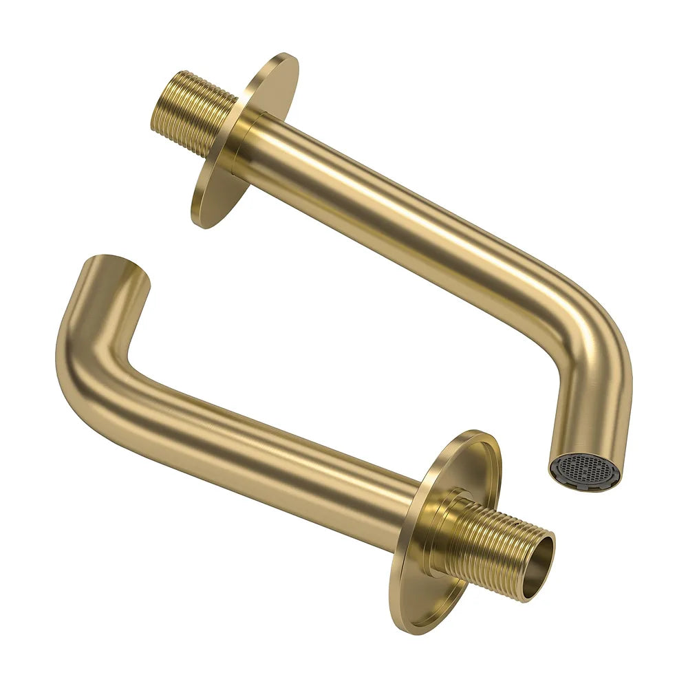 Vista lateral y perspectiva de Caño redondo empotrado 15 cm oro mate con protección PVD para lavabo de Valaz