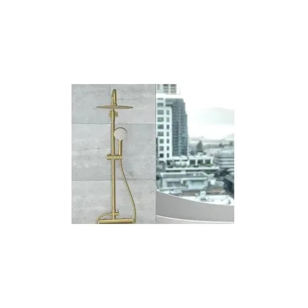 Vista principal de Columna de ducha extensible con grifo monomando en latón y acero inoxidable en dorado cepillado...