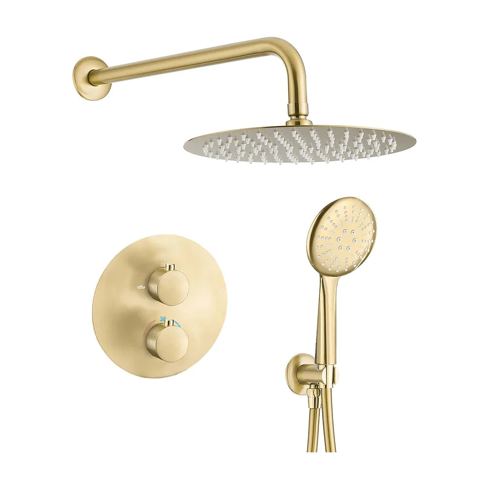 Ducha empotrada termostática a pared redonda con rociador de 30 cm en dorado cepillado Cabriel de Valaz Valaz