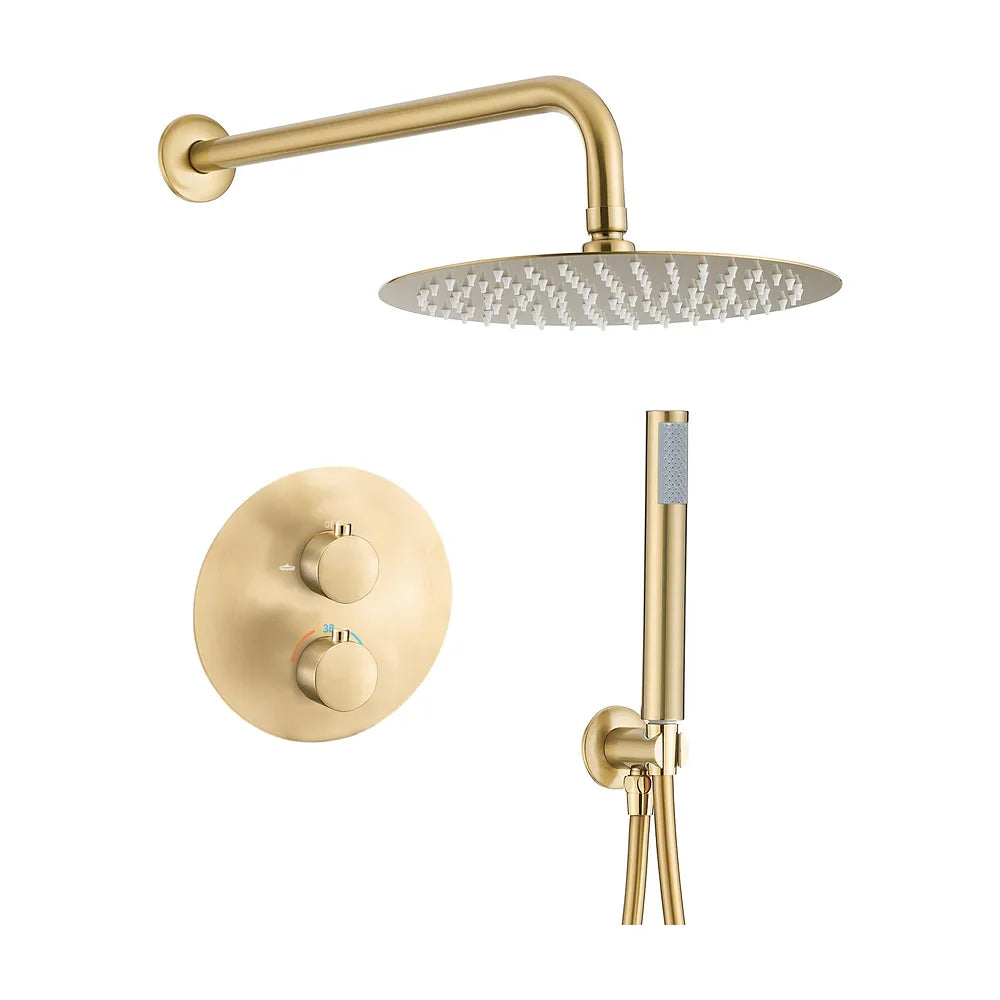 Ducha empotrada termostática a pared redonda con rociador de 30 cm en oro mate y PVD Júcar de Valaz Valaz