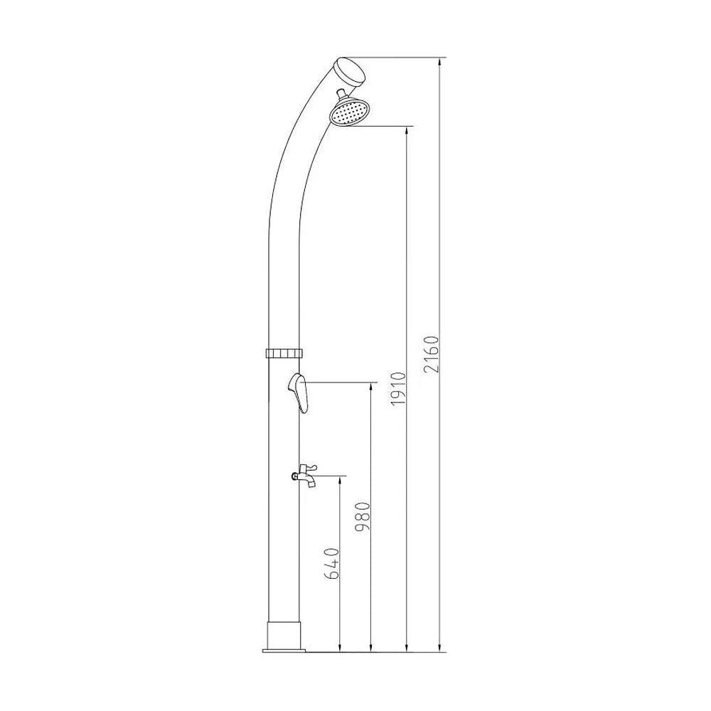 Plano de medidas y cotas técnicas de Ducha Solar Exterior Valaz – 18 Litros con Agua Fría y Caliente