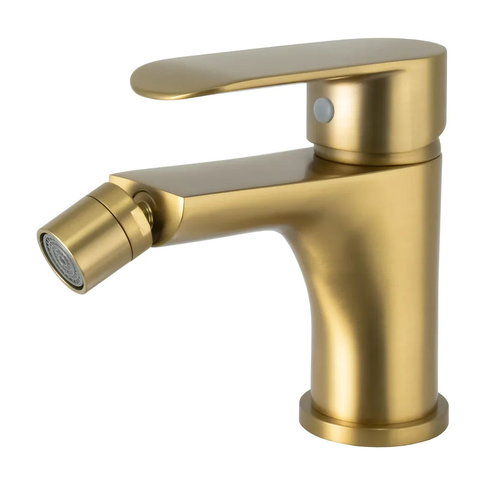 Grifo de bidé monomando redondo oro mate protección PVD cerámico 35 mm latiguillos 38 Turia Valaz Valaz