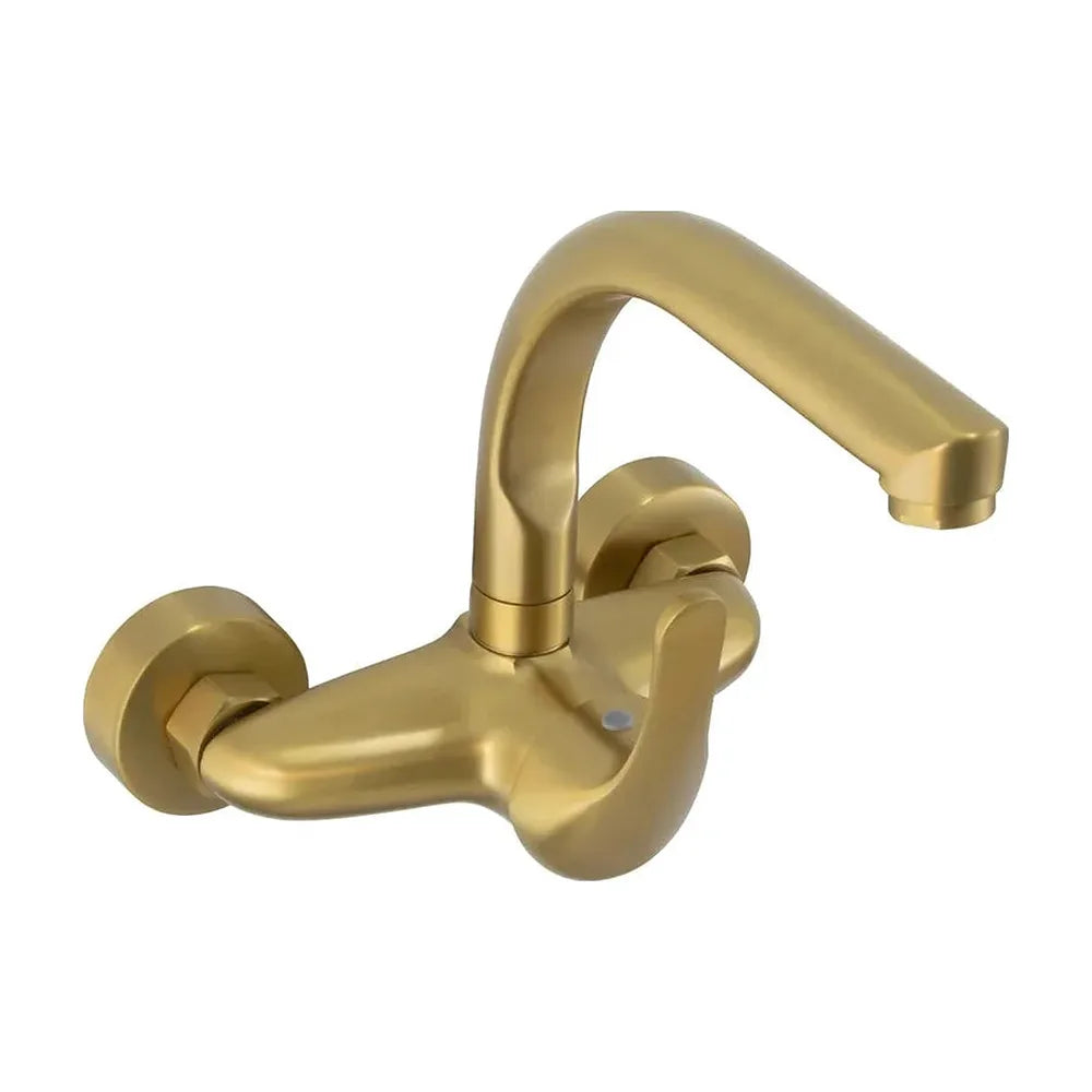 Detalle de acabado y materiales de Grifo de cocina de pared monomando de 15 cm entre tomas en oro mate Genil de Valaz