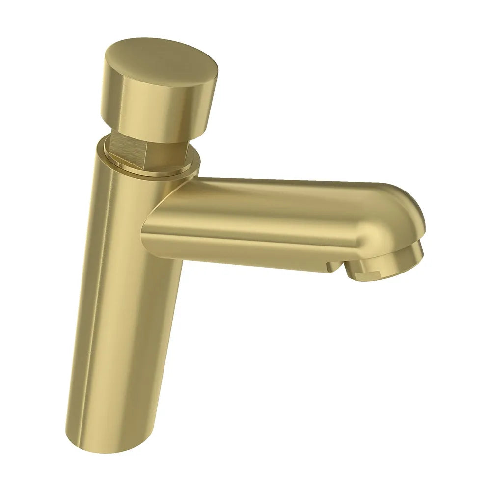 Vista lateral y perspectiva de Grifo de lavabo con pulsador temporizador en oro mate con protección PVD Navia de Valaz