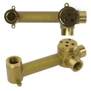 Vista lateral y perspectiva de Grifo de lavabo empotrado monomando de 21 cm en latón dorado cepillado Guadiana de Valaz