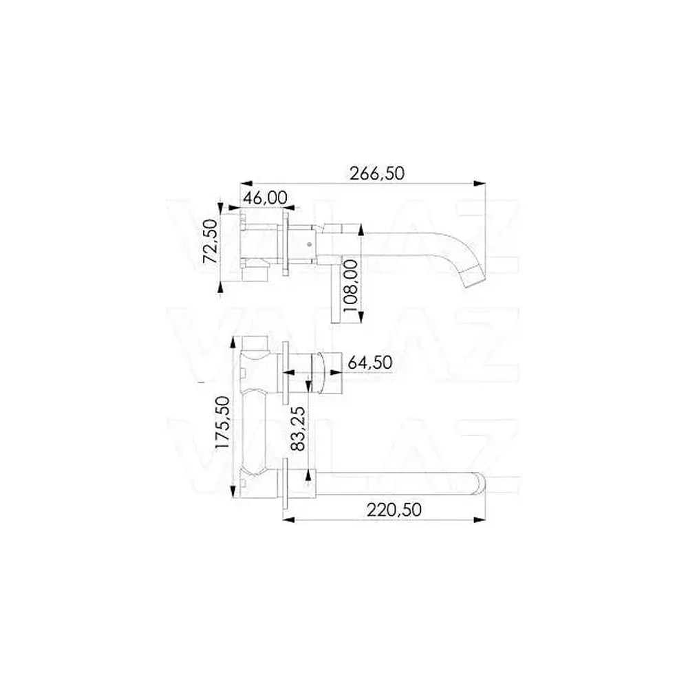 Plano de medidas y cotas técnicas de Grifo de lavabo empotrado monomando de 21 cm en latón dorado cepillado Guadiana de Valaz