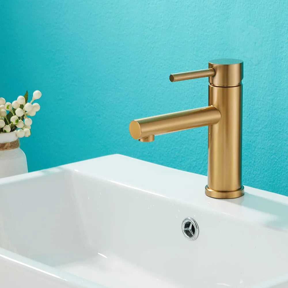 Plano o detalle técnico de Grifo de lavabo monomando redondo con caño recto en oro mate Palancia de Valaz