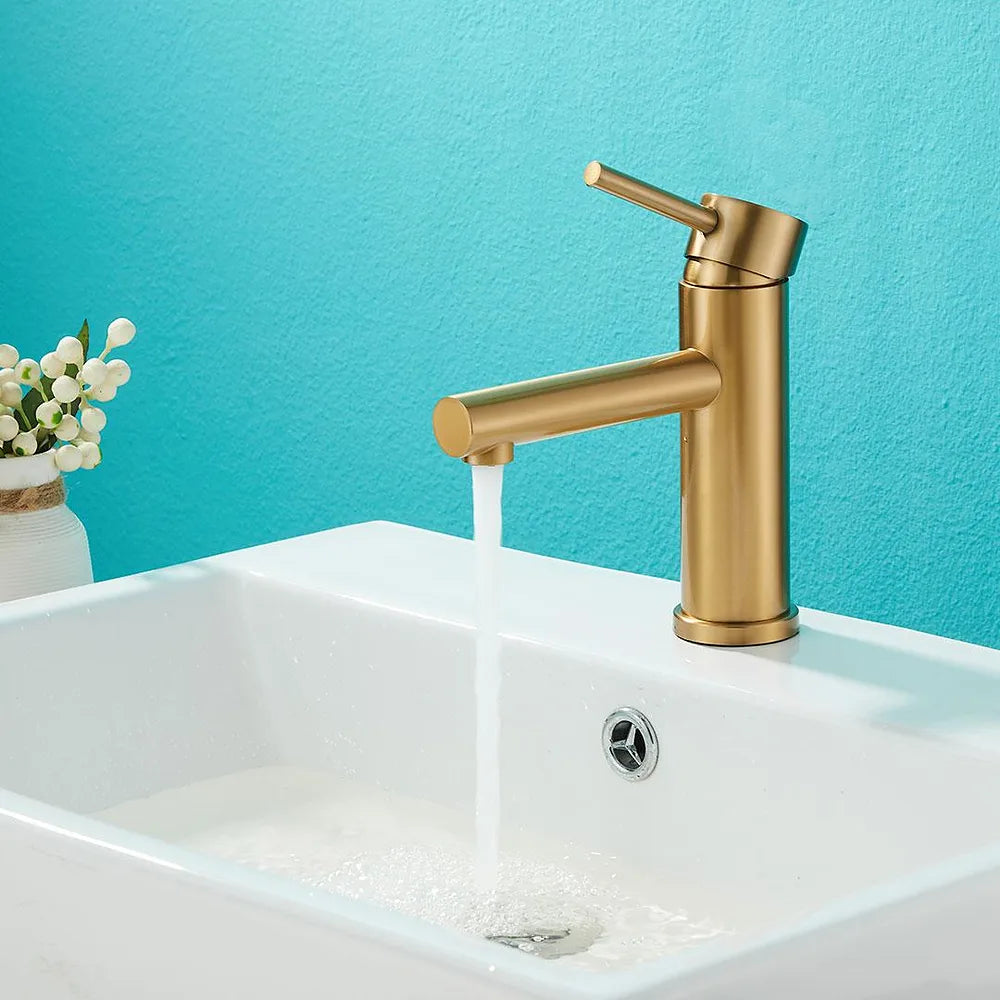 Plano o detalle técnico de Grifo de lavabo monomando redondo con caño recto en oro mate Palancia de Valaz (vista 4)