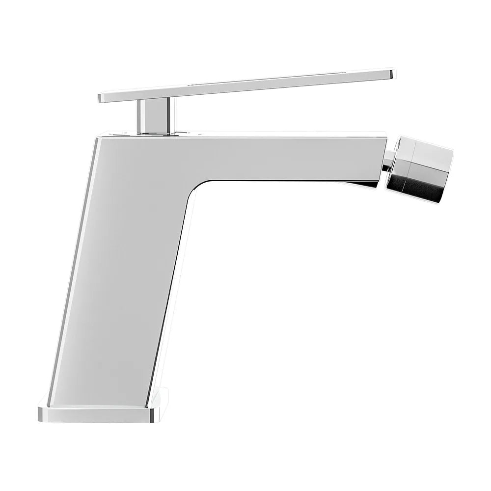 Vista lateral y perspectiva de Grifo monomando para bidet cuadrado cromado con maneta hueca Cabrera de Valaz
