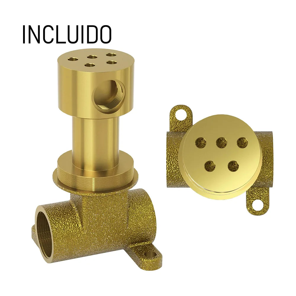 Vista lateral y perspectiva de Grifo para bidet empotrado 2 vías dorado cepillado Tajo de Valaz