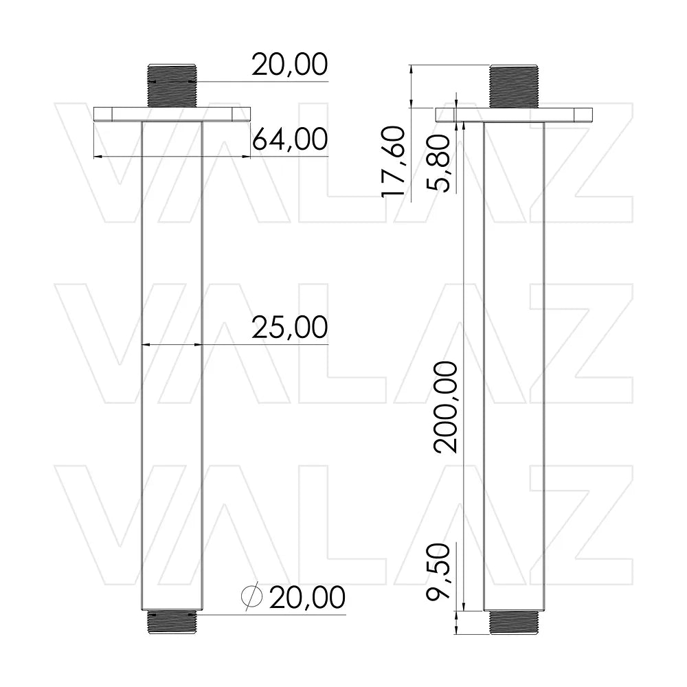 Vista lateral y perspectiva de Soporte de techo cuadrado oro mate con protección PVD de Valaz